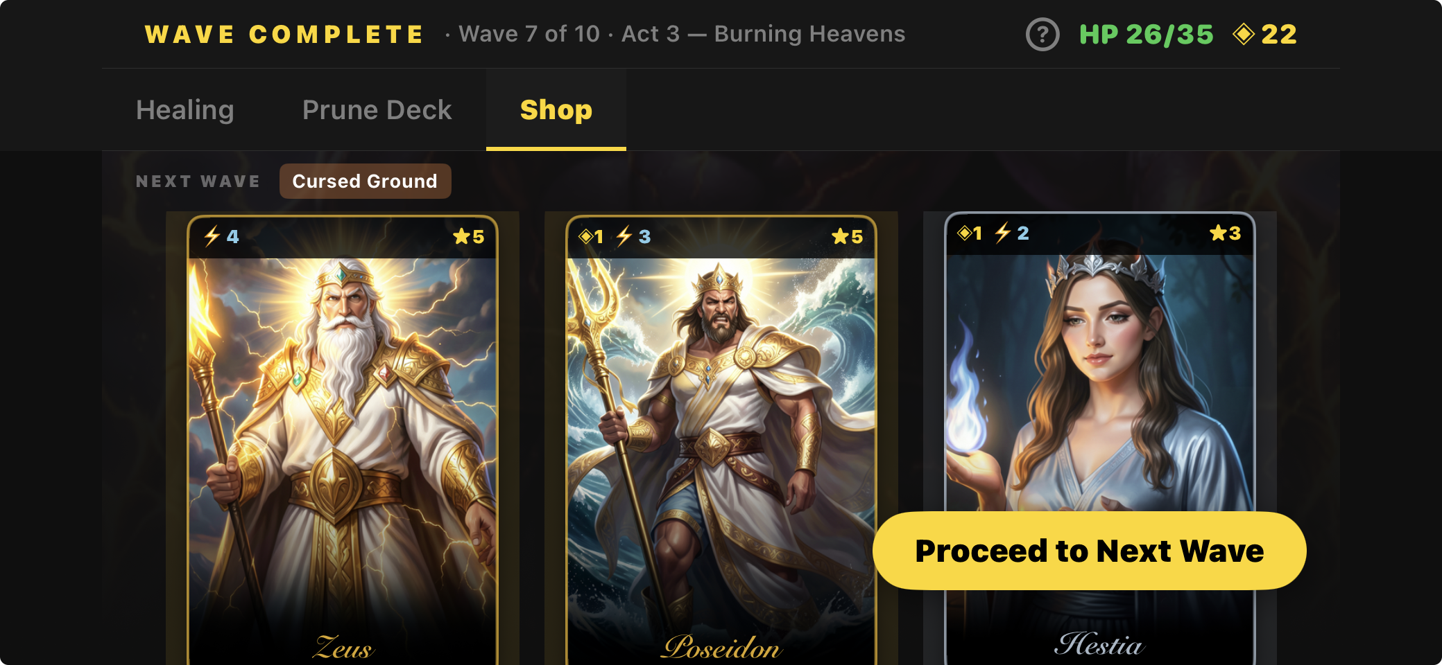 Shop screen featuring Zeus, Poseidon, and Hestia